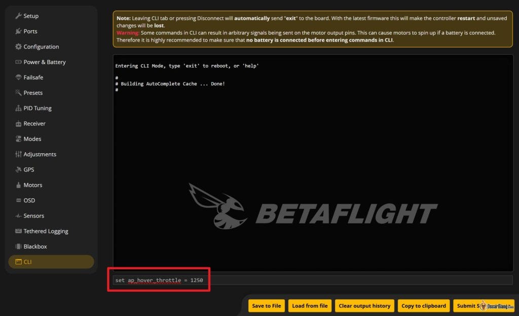 Betaflight CLI 终端界面 — 命令行配置飞控