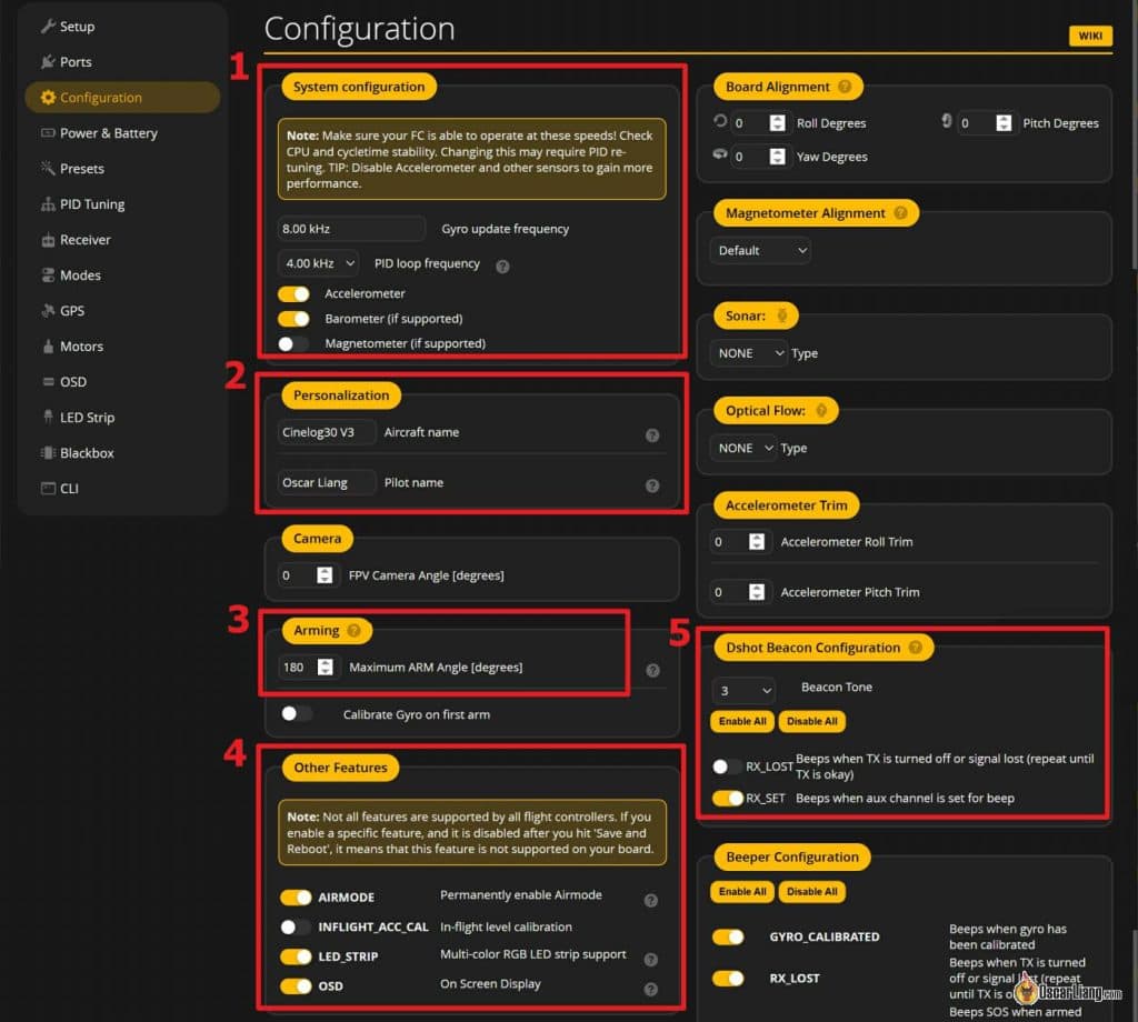 Betaflight Configurator 配置标签页 — 飞控各项参数设置