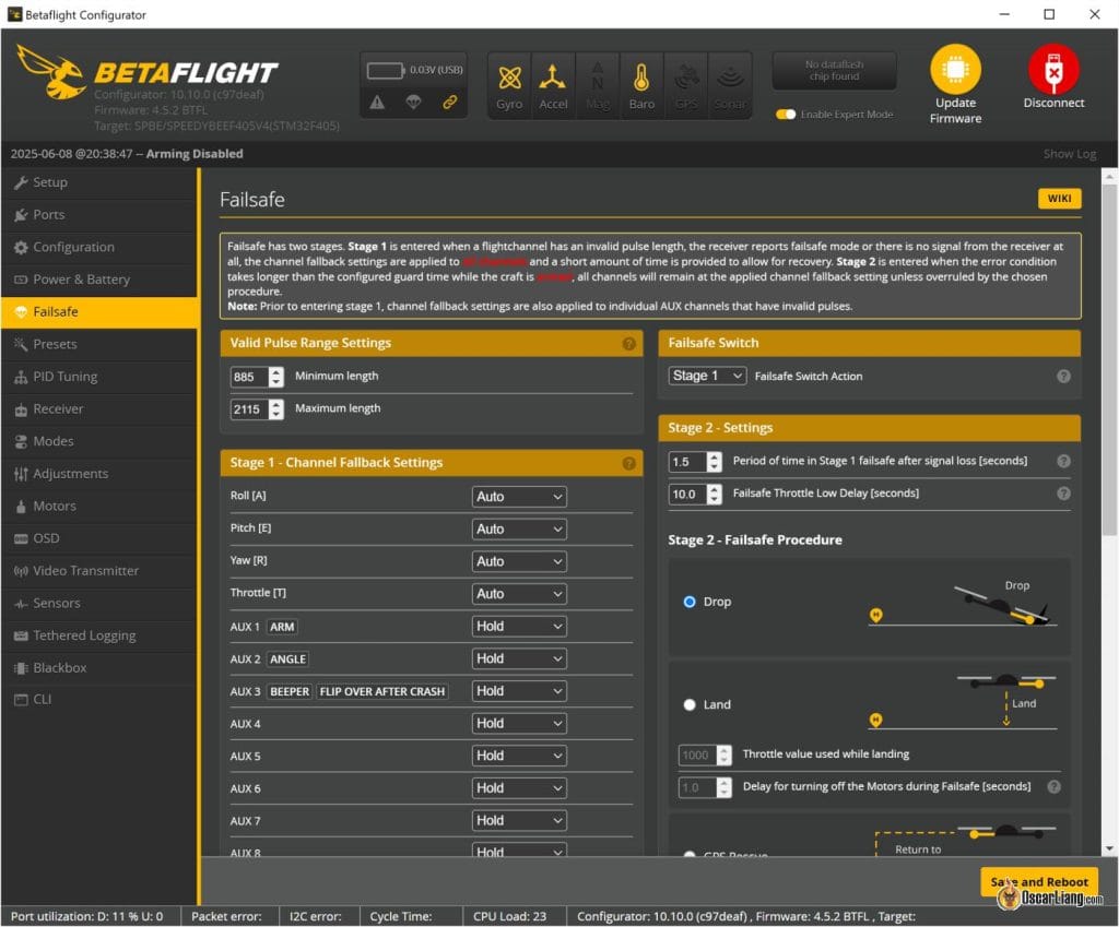 Betaflight 失控保护配置界面 — 多重安全保护机制