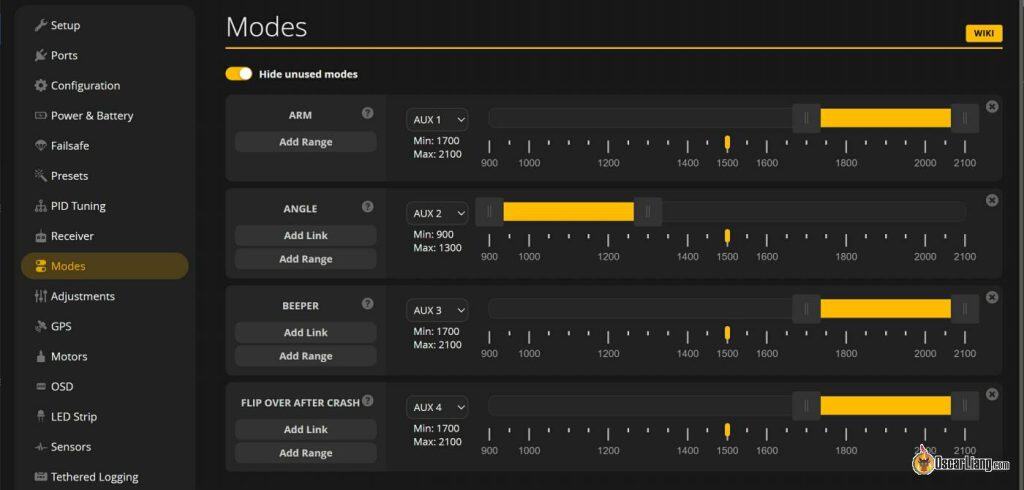 Betaflight Configurator 模式设置界面 — 飞行模式灵活配置