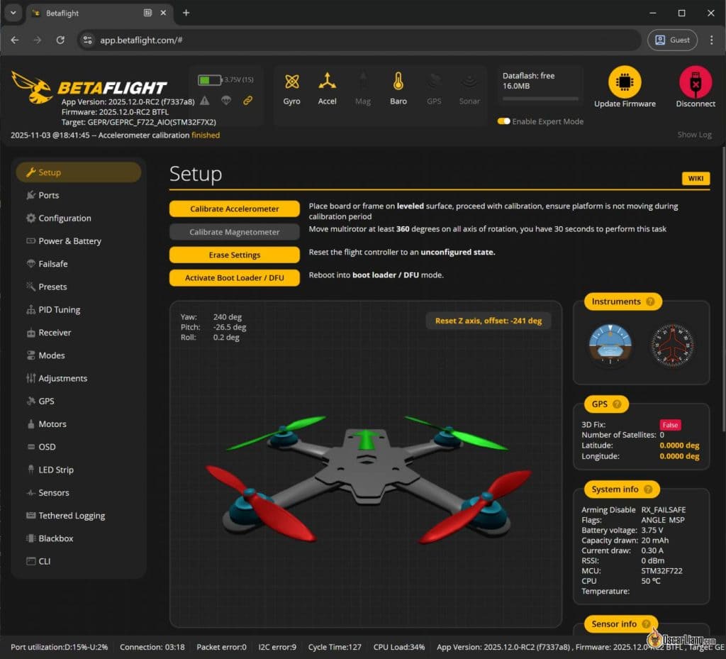 Betaflight Configurator 设置界面 — 飞控3D模型与基础信息